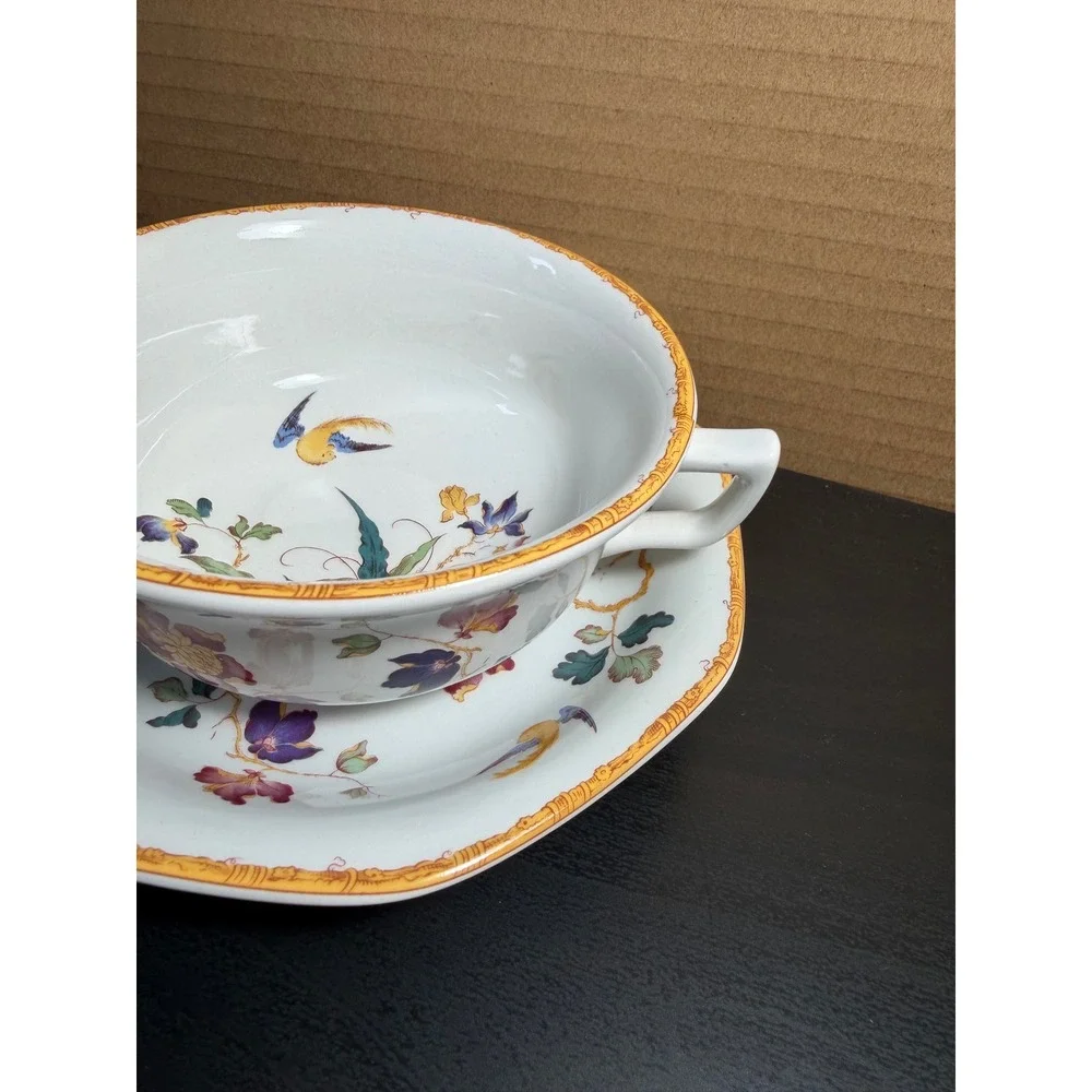 Wedgwood Devon Rose Chinoiserie Cream Soup Bowl and Saucer Floral Bird England